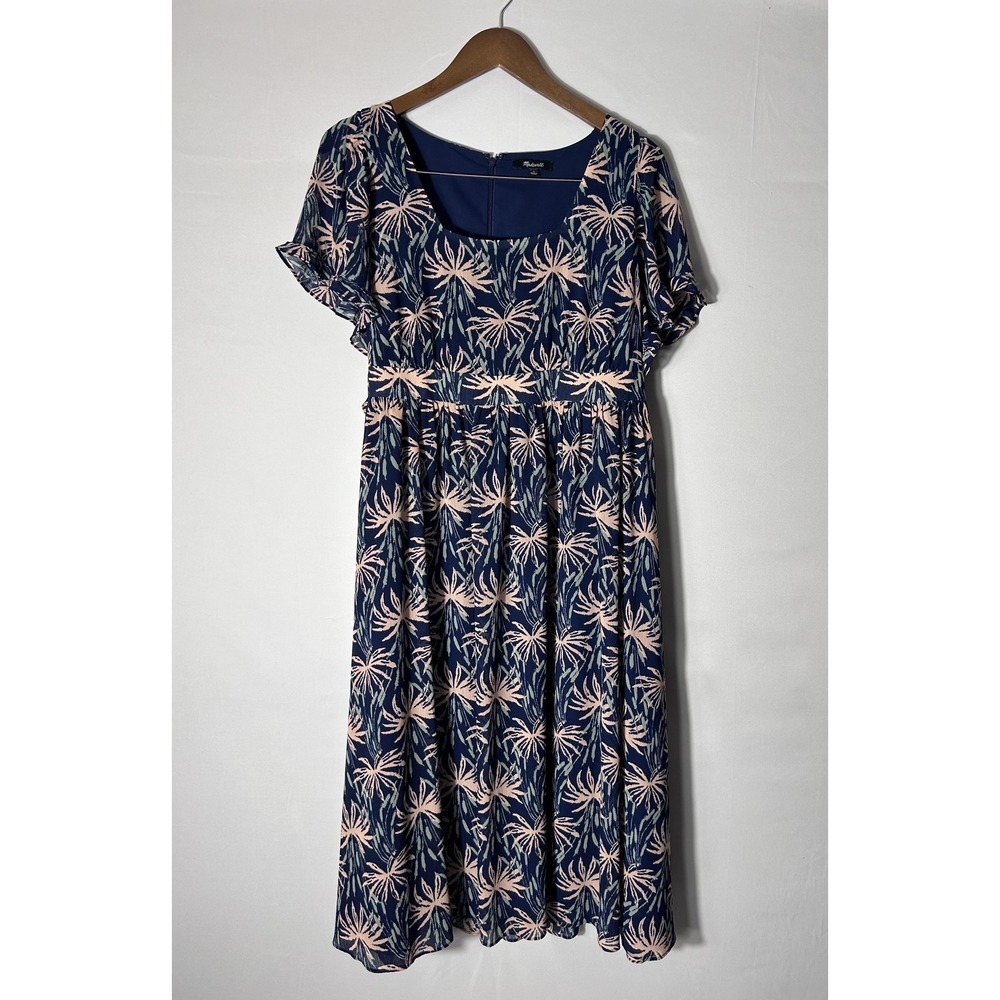 Madewell Dress Womens Large Blue Floral Fit & Flare Midi Scoop Neck Lined L8658